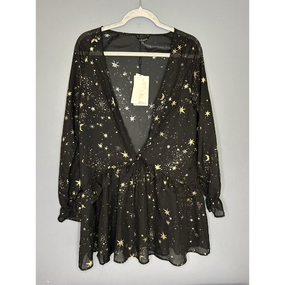 Haoduoyi Mini Dress Womens XL Gold Star Moon Sheer Chiffon Long Sleeve Tunic Top - Picture 3 of 13